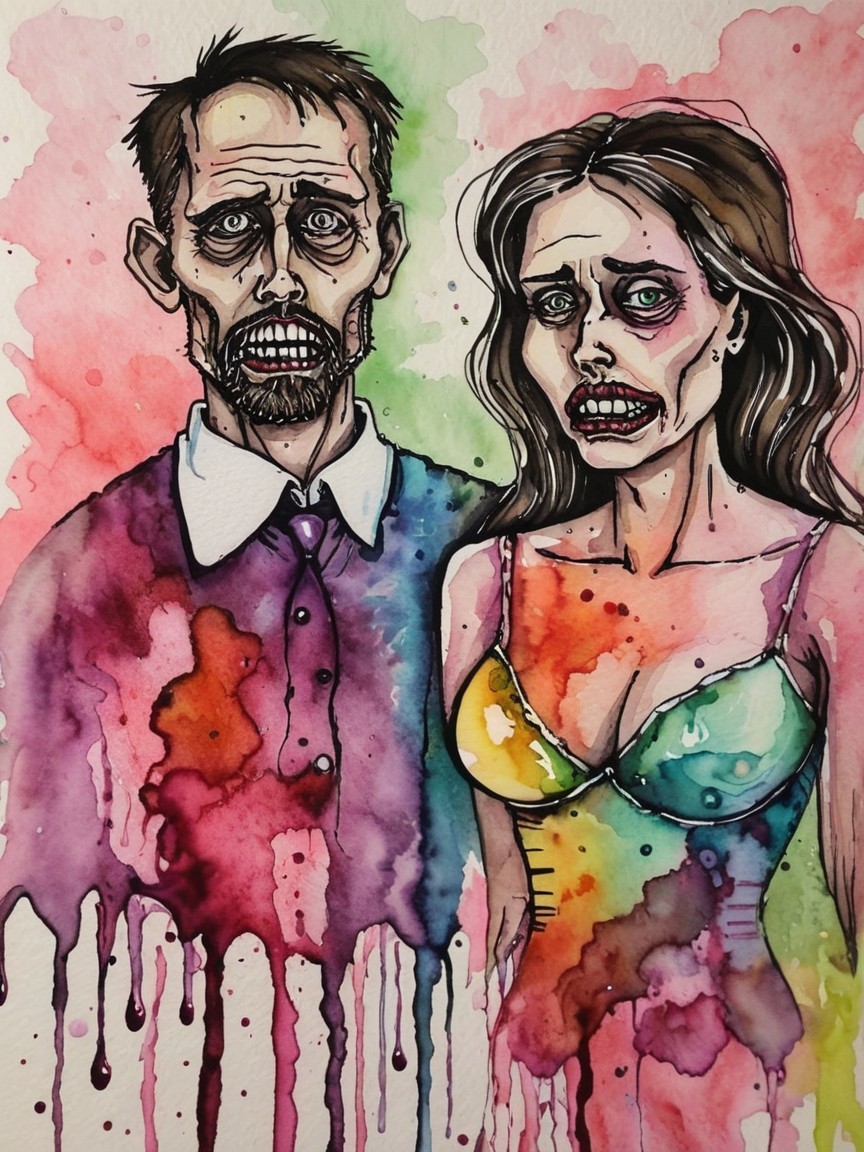 Watercolor Illustration of a Zombie Couple in Detail