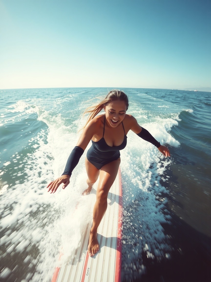 Woman in black swimsuit surfing vibrant blue waves