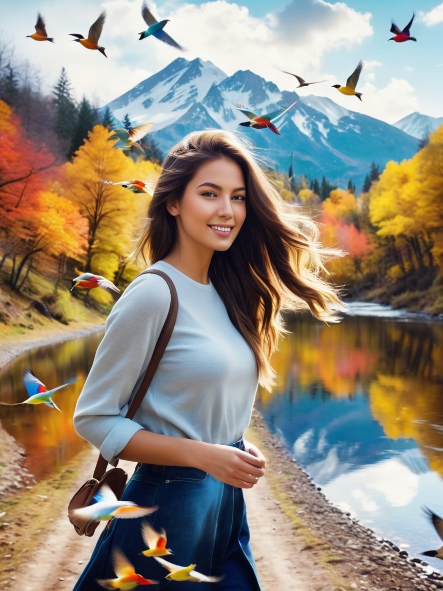 Young Woman by Serene River in Autumn Landscape
