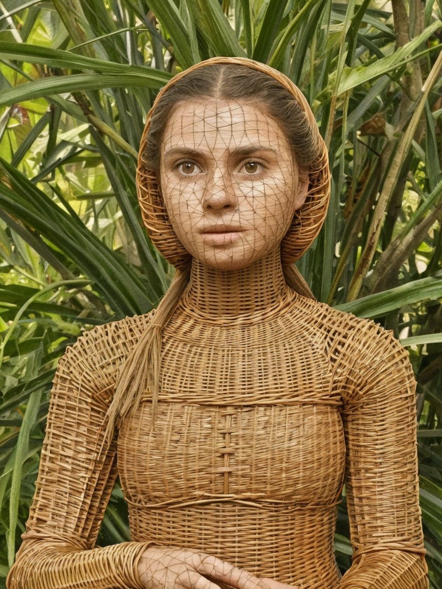 Wicker Figure in Lush Greenery with Traditional Attire
