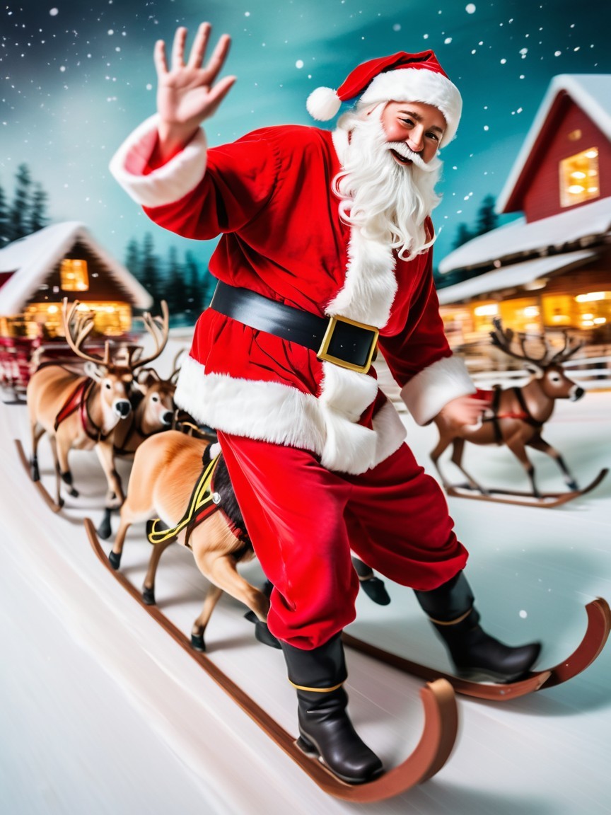 Santa Claus on a sleigh in a snowy Christmas scene