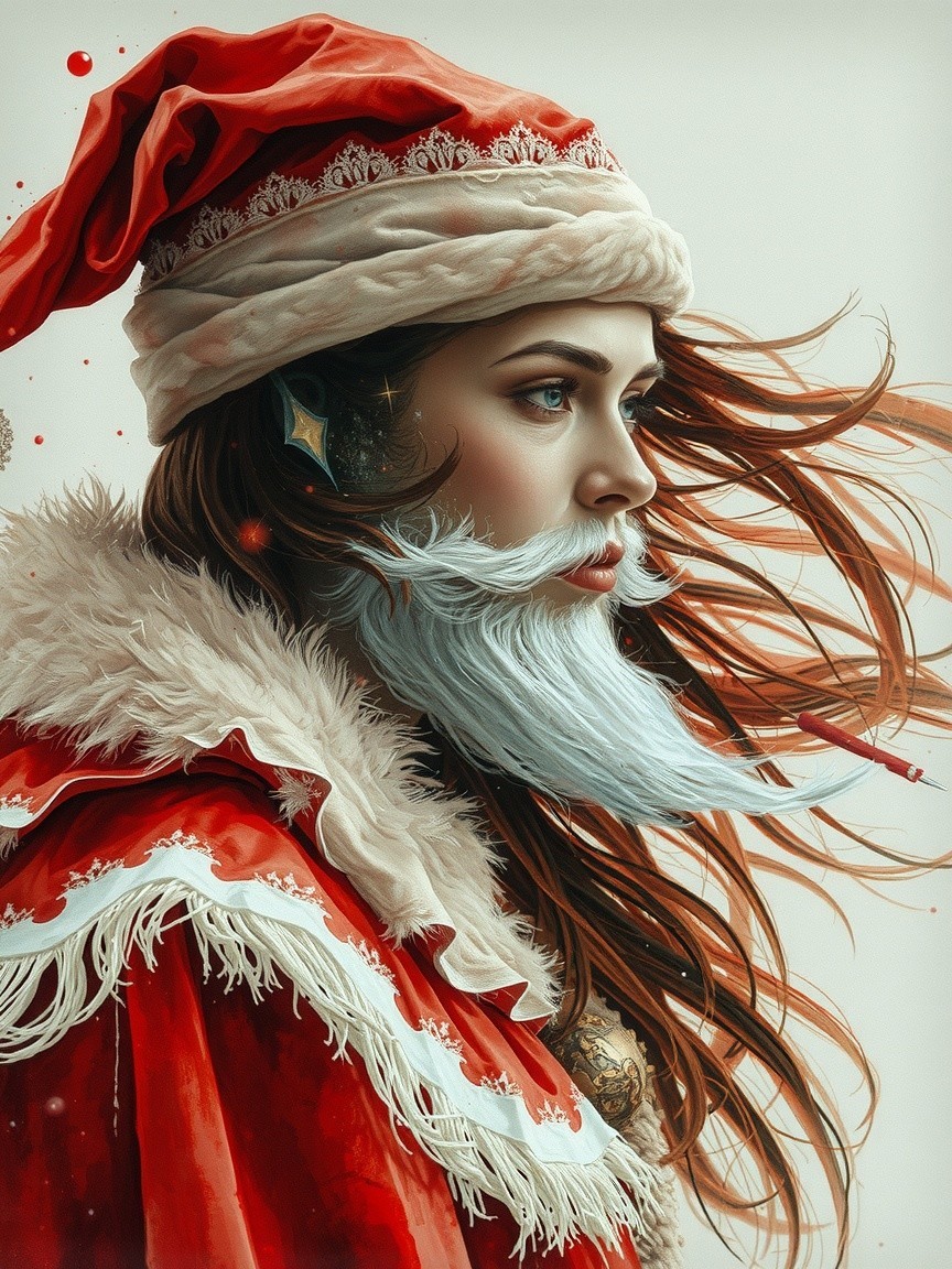 Portrait of a Woman in Santa Hat and Red Coat