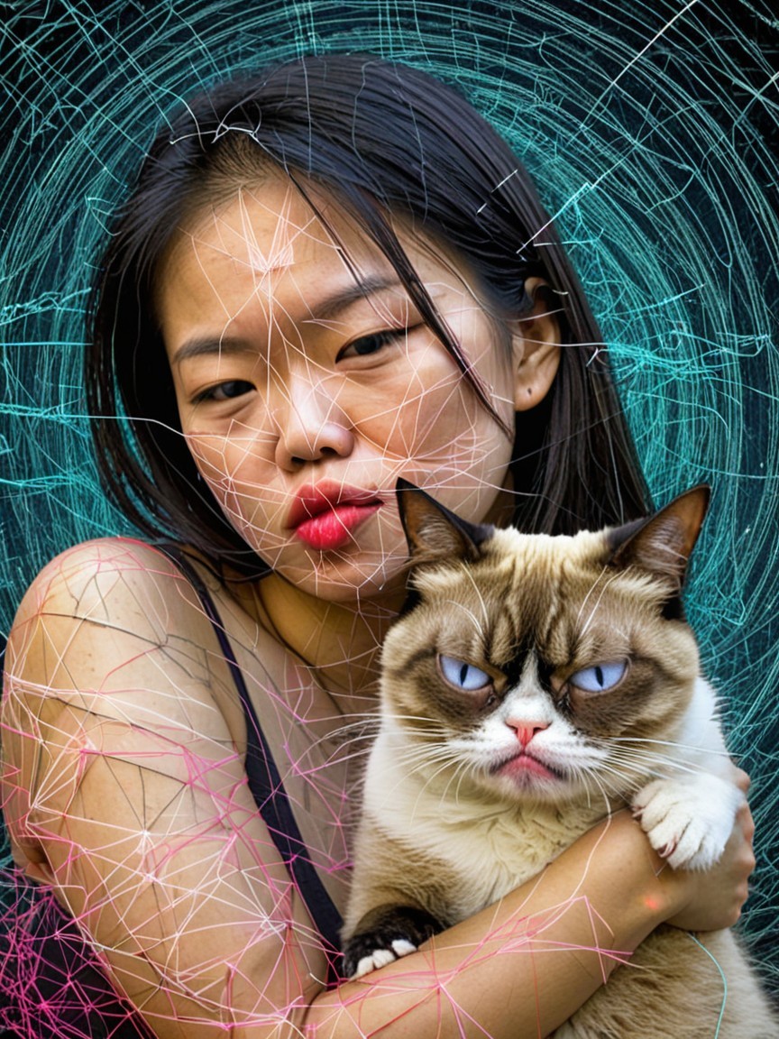 Woman with Black Hair and Grumpy Blue-Eyed Cat