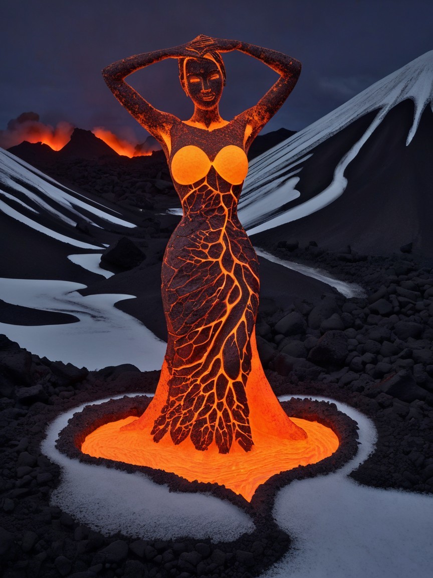 Sculpture of Woman in Volcanic Landscape with Lava