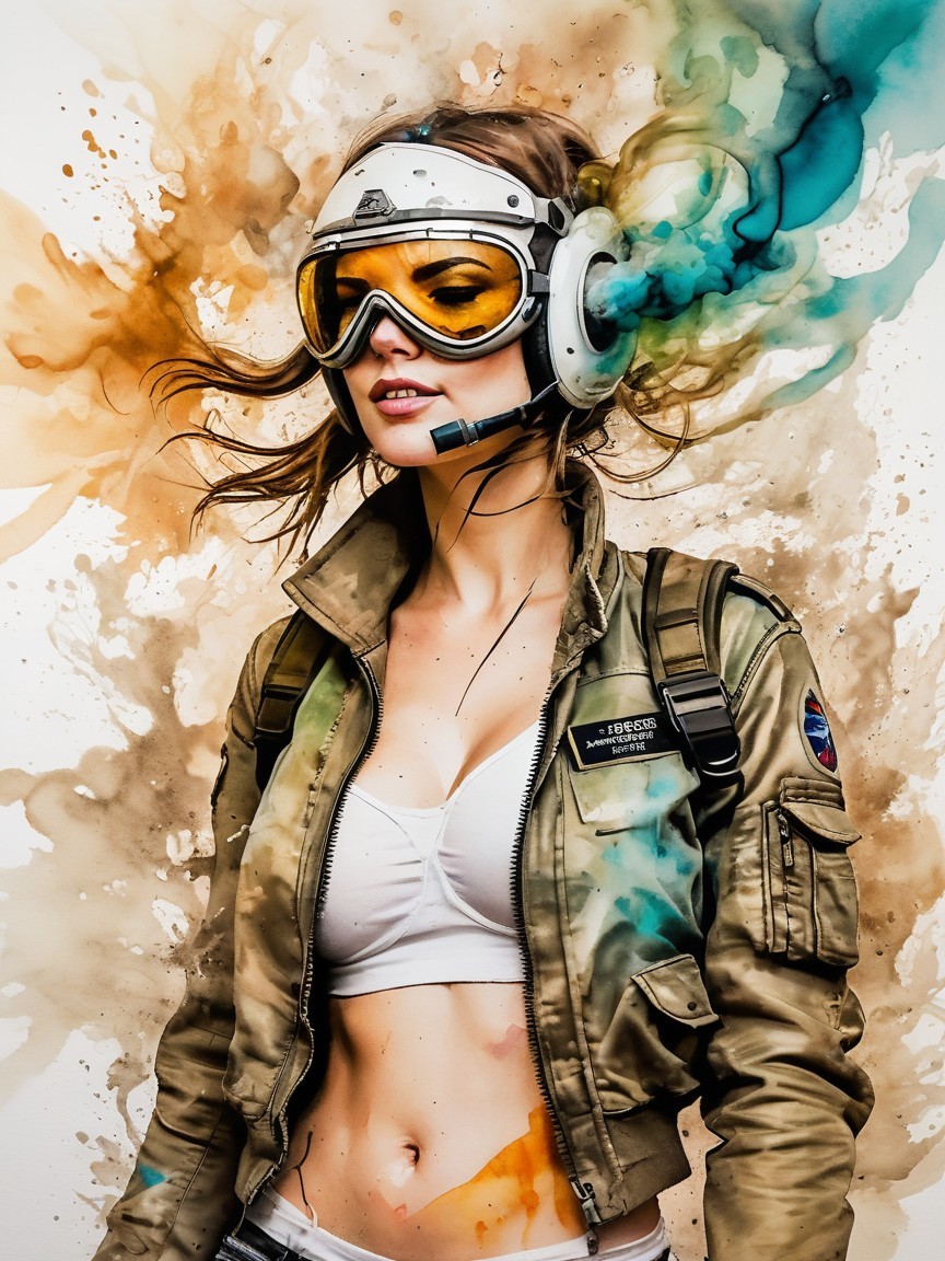 Female Figure in Retro Pilot Gear with Colorful Background