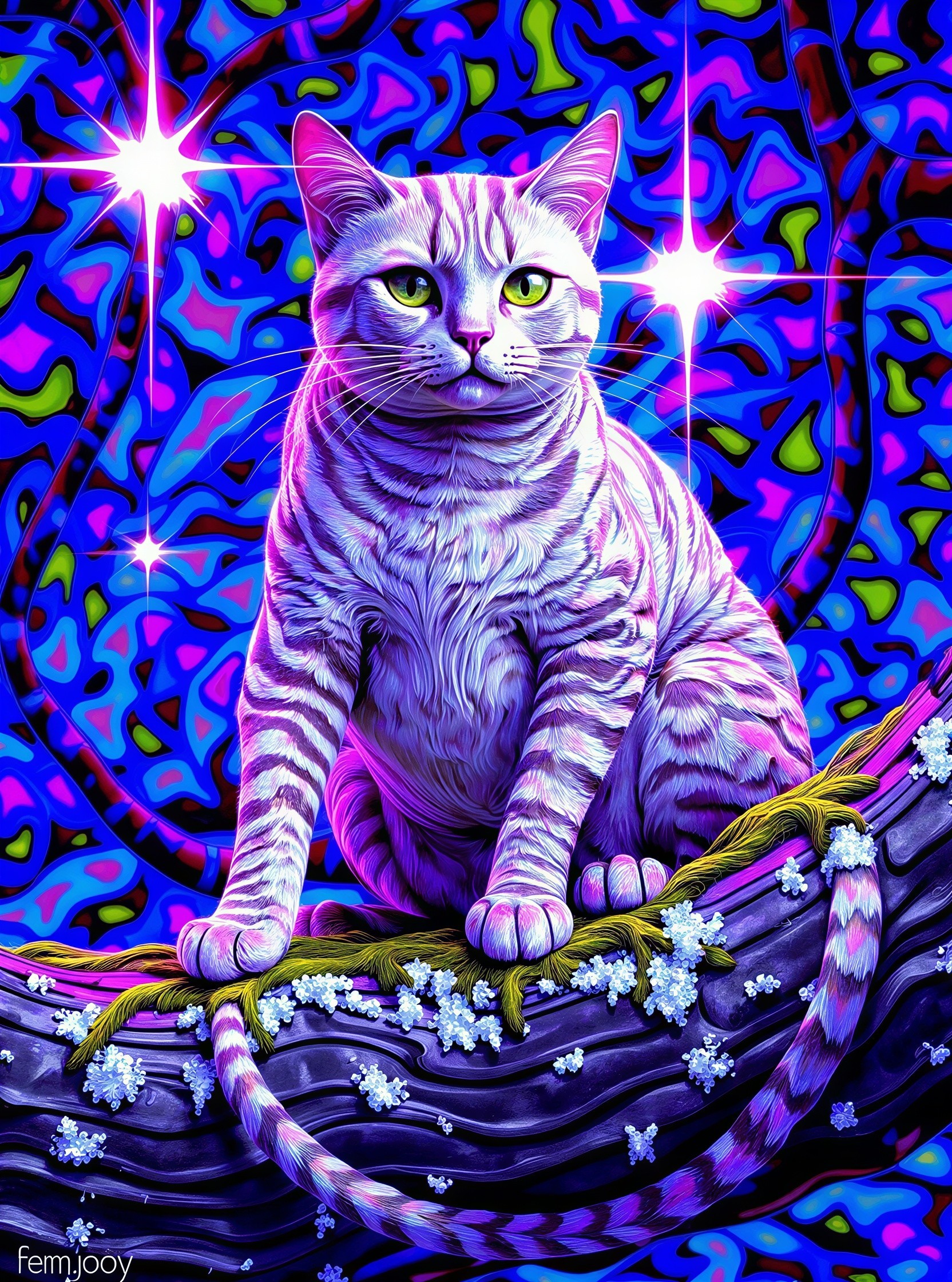 Psychedelic Artwork of a Striped Cat on a Branch