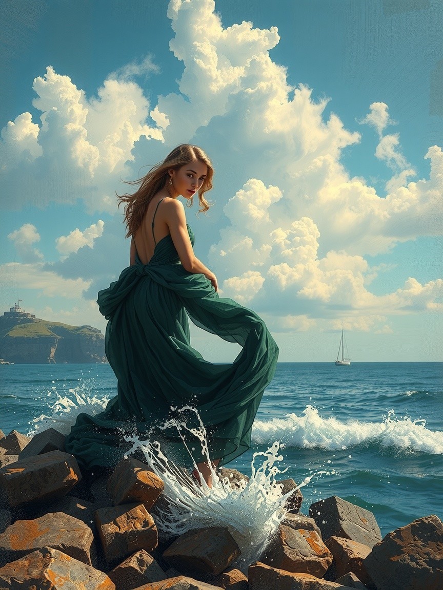 Woman in Green Dress on Rocky Shores with Sailboat