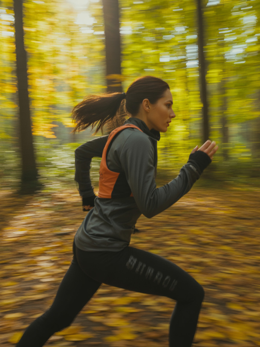 Runner in Autumn Forest Surrounded by Golden Leaves