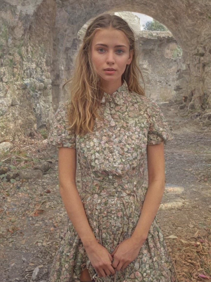 Young woman in abandoned stone ruins with greenery