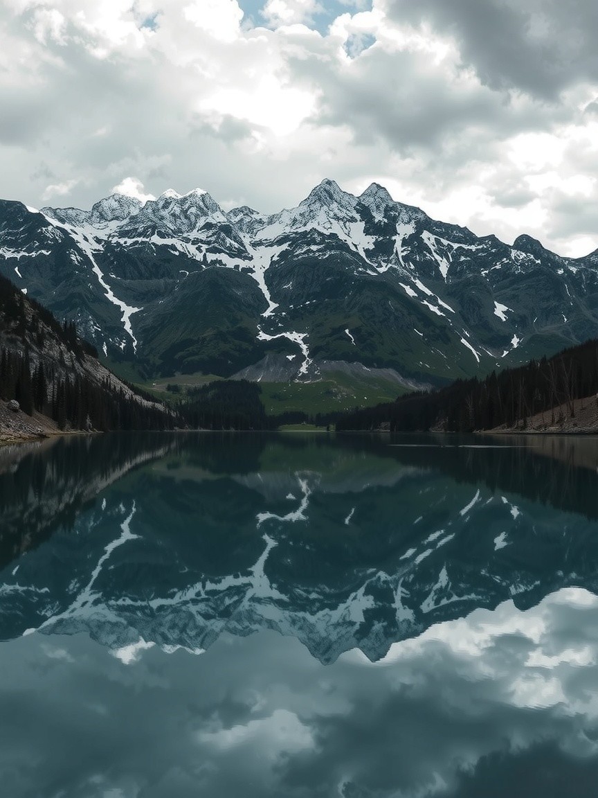 Alpine Lake Surrounded by Snow-Capped Mountains and Pines