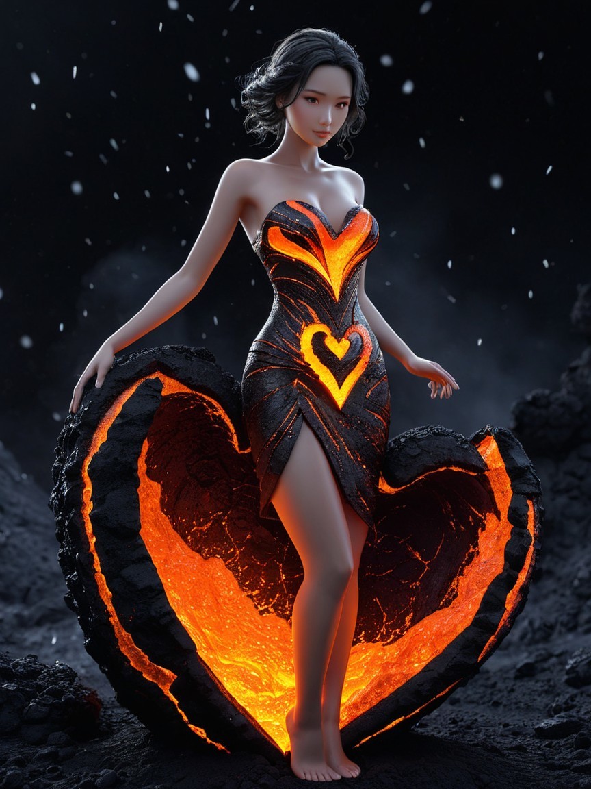 Figure in Heart-Shaped Volcanic Structure with Dress Patterns