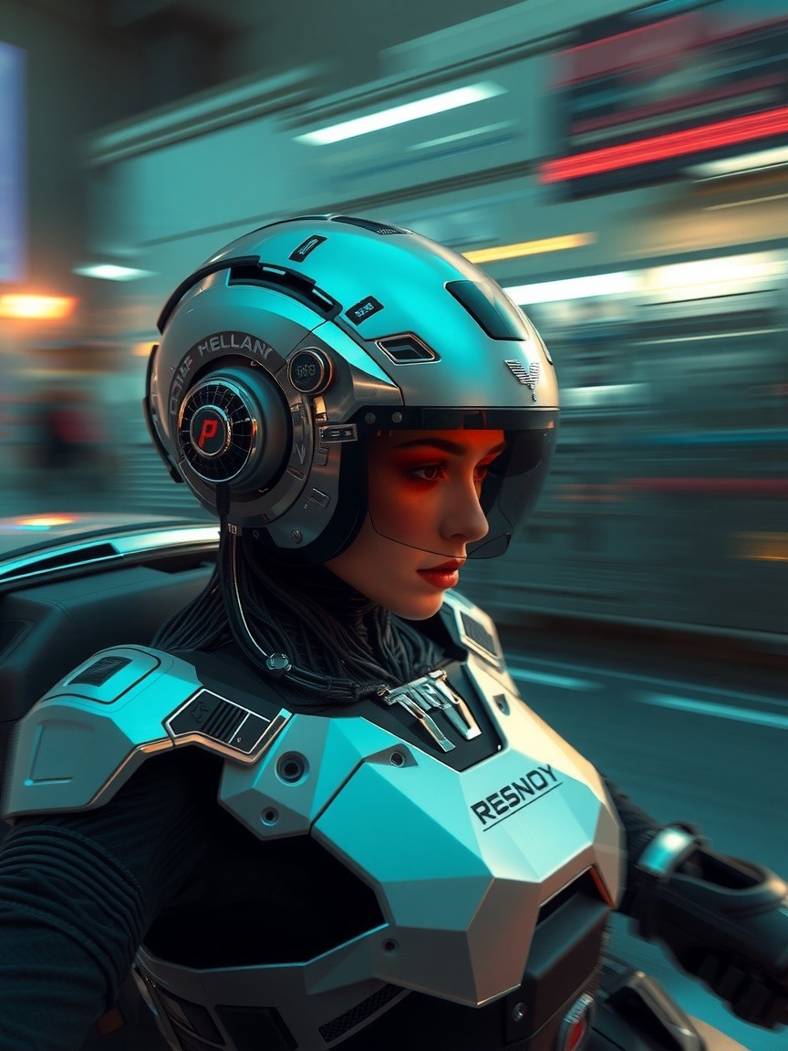 Futuristic Female Cyborg in Urban Landscape