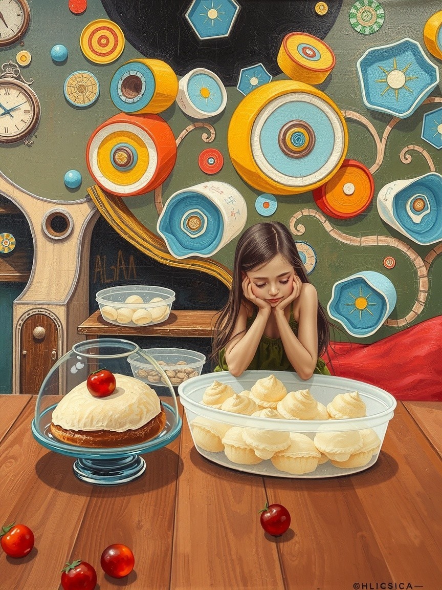 Young girl gazes at desserts with colorful mural backdrop