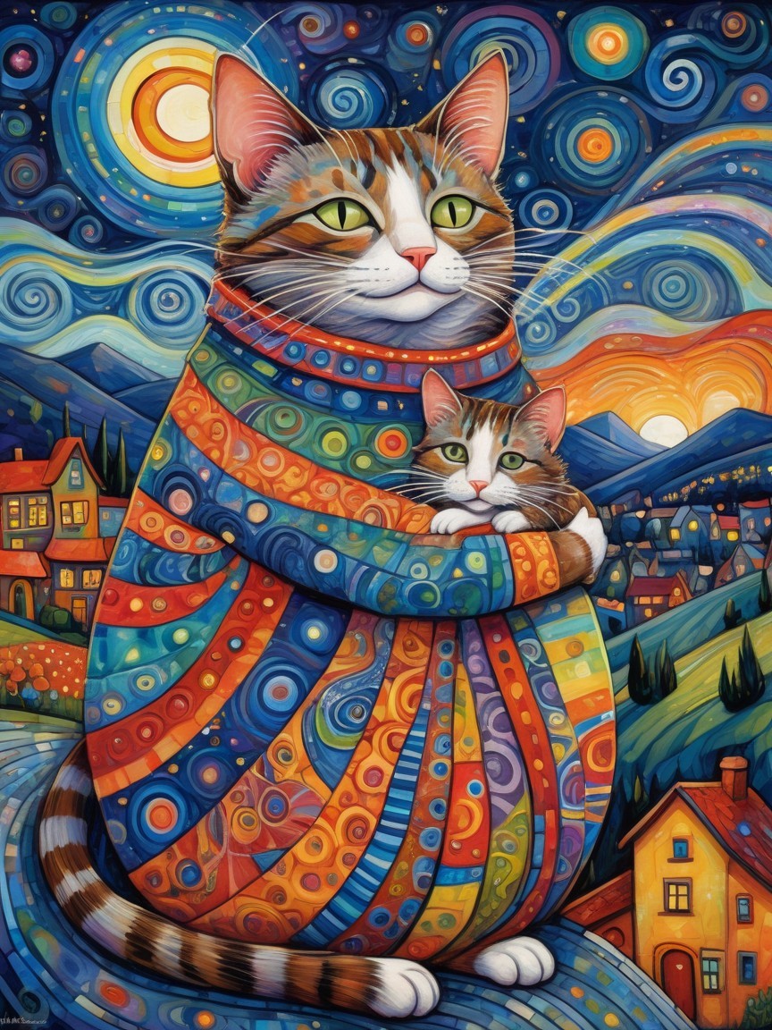 Whimsical Painting of Cat and Kitten in Night Sky