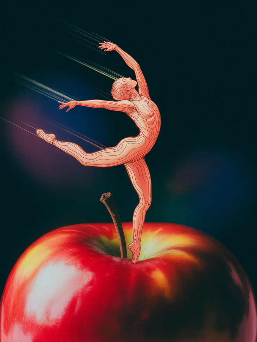 Ballerina on Red Apple with Colorful Background