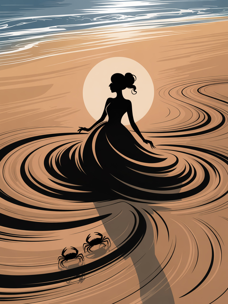 Silhouette of Woman on Beach at Sunset with Crabs