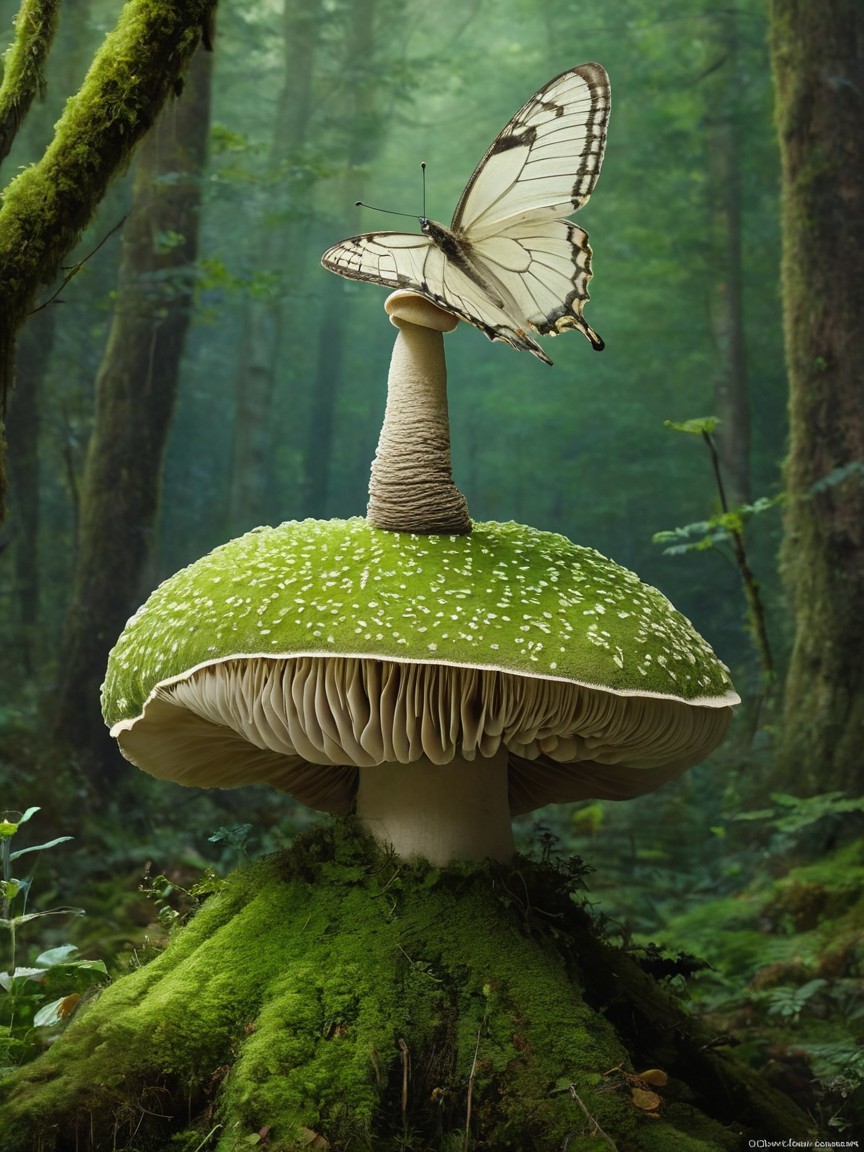 White Butterfly on Tall Mushroom in Forest Setting