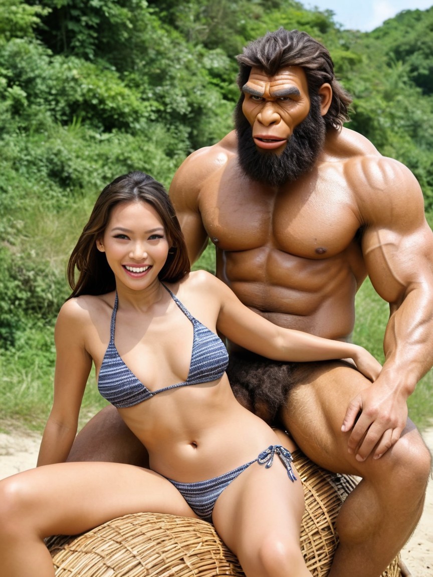 Asian woman in striped bikini with Neanderthal in nature