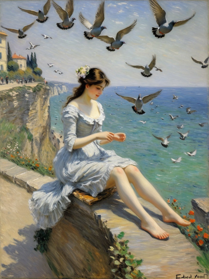 Young Woman Feeding Pigeons by the Ocean in Soft Colors