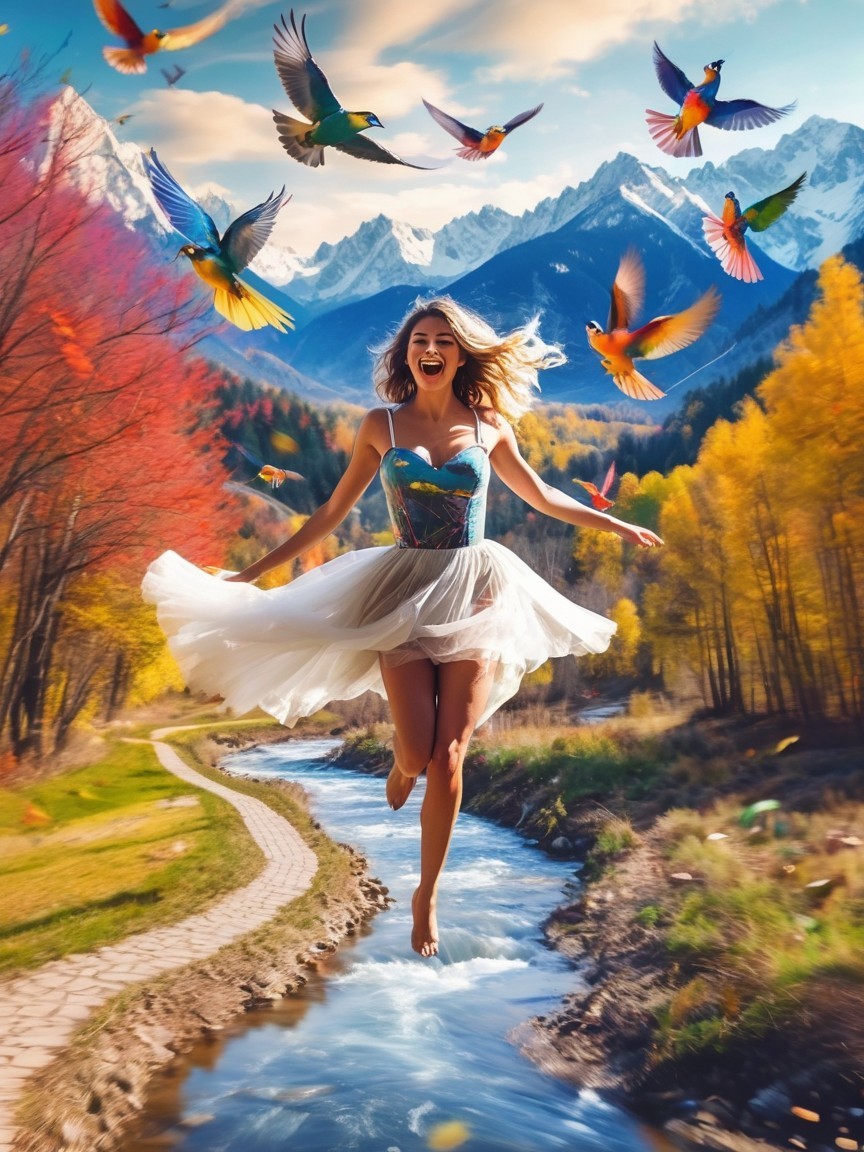 Dreamy Scene of Woman Levitation in Autumn Valley