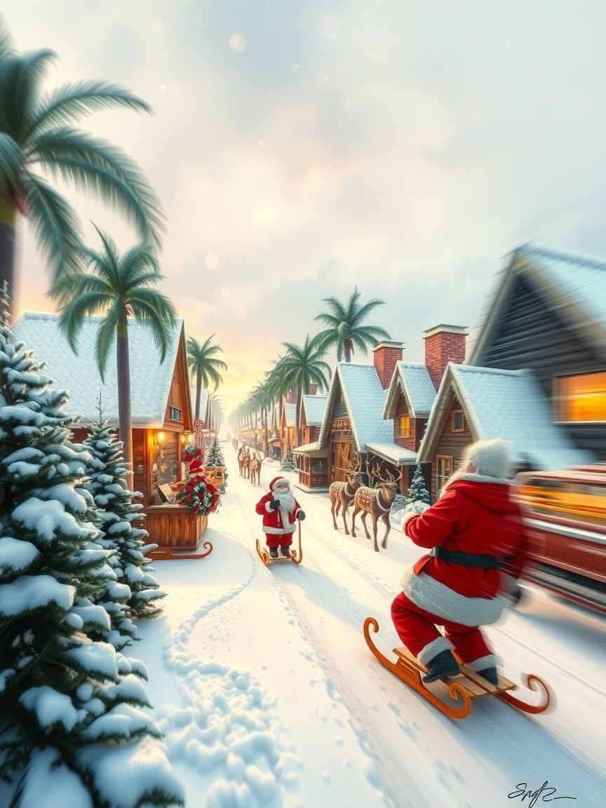 Winter Village Scene with Santa, Snow, and Decorations
