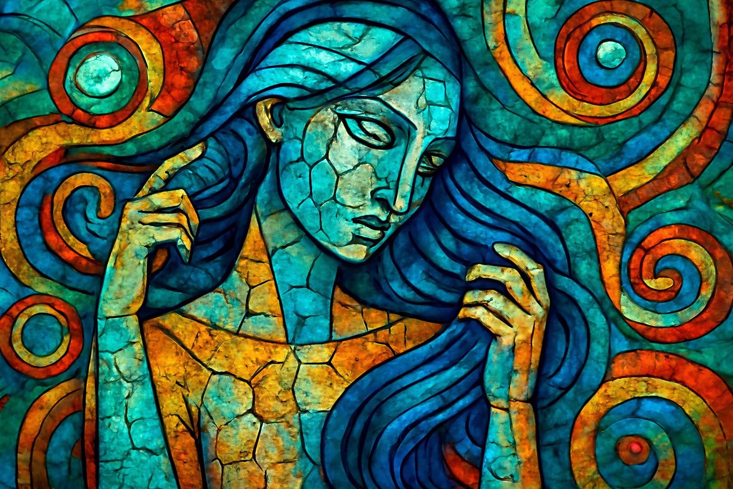 Broken Stained Glass Portrait of a Teal-Skinned Woman