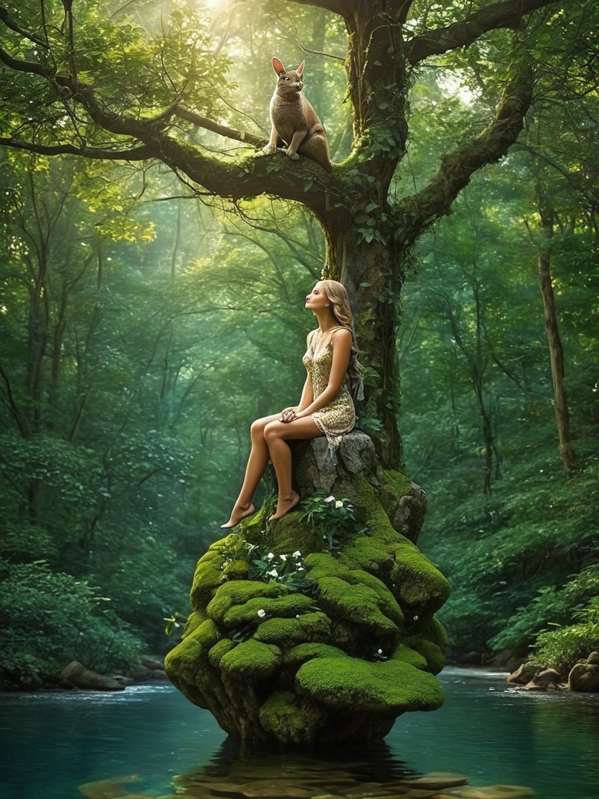 Woman in Golden-Green Dress by Water and Tree Cat