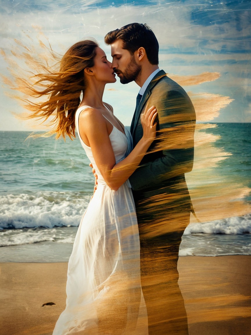Couple Kissing on Beach with Ocean Backdrop