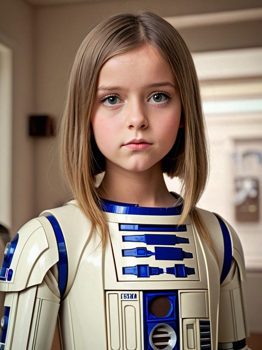 Young girl in droid-inspired costume with blue details