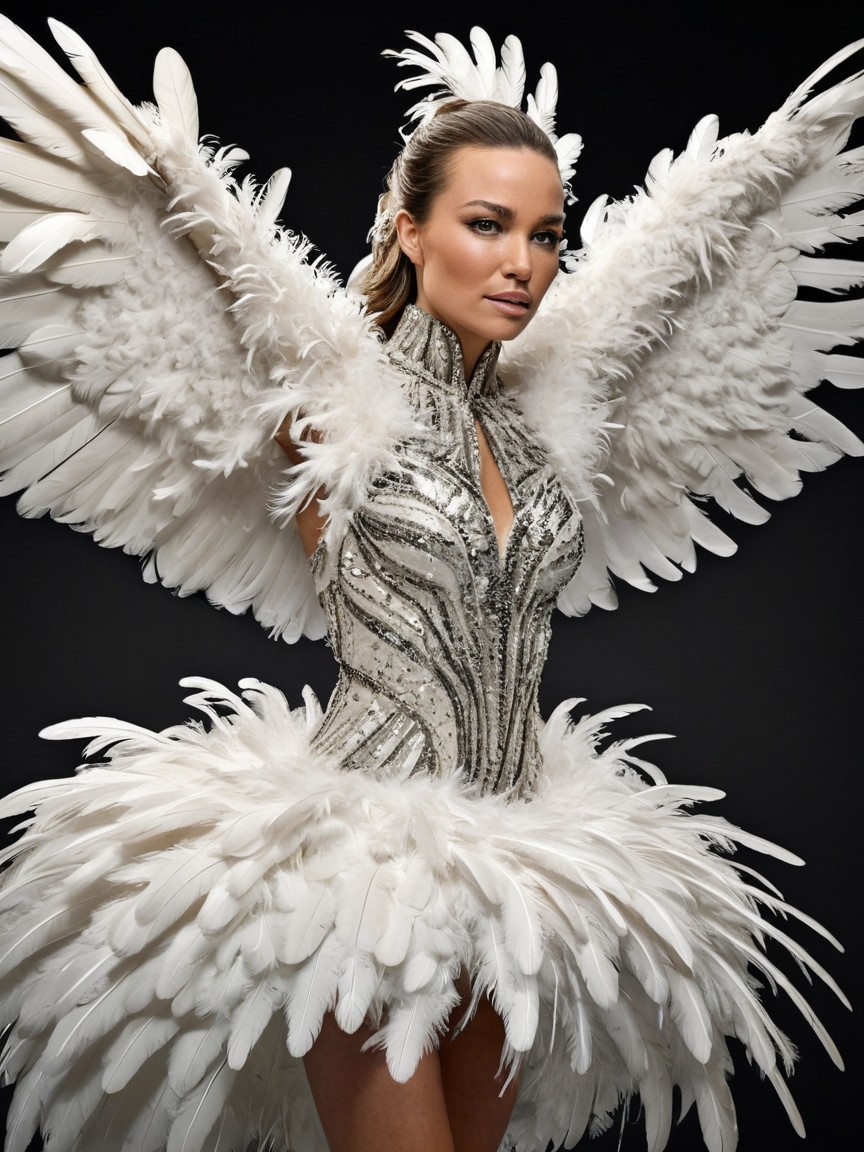 Elaborate costume with feathers and beadwork displayed