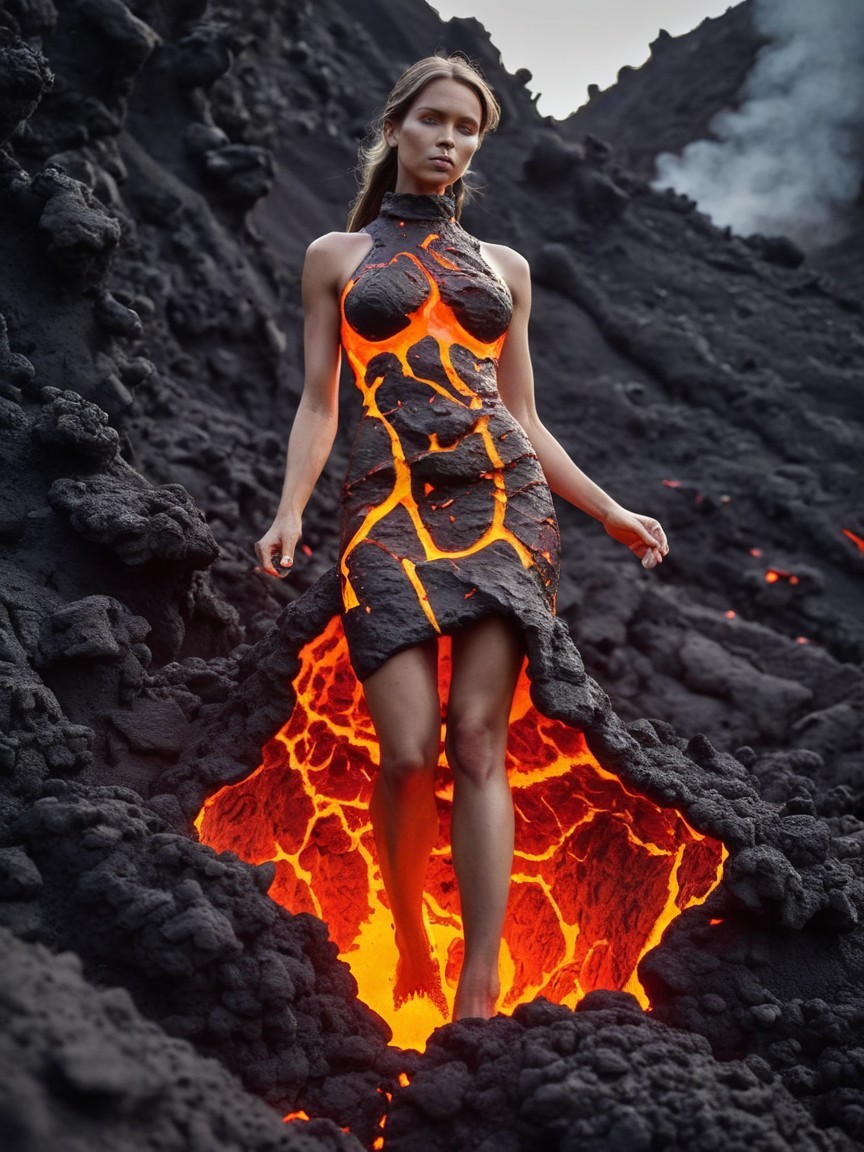 Figure in Lava-Inspired Dress in Volcanic Landscape
