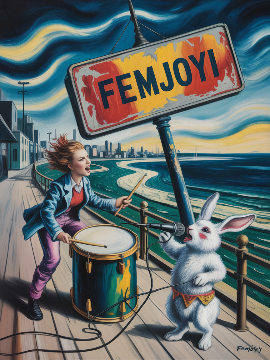 Young Woman Playing Bass Drum with Singing Rabbit