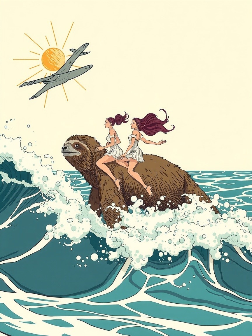 Women in White Dresses Riding a Giant Sloth on Waves