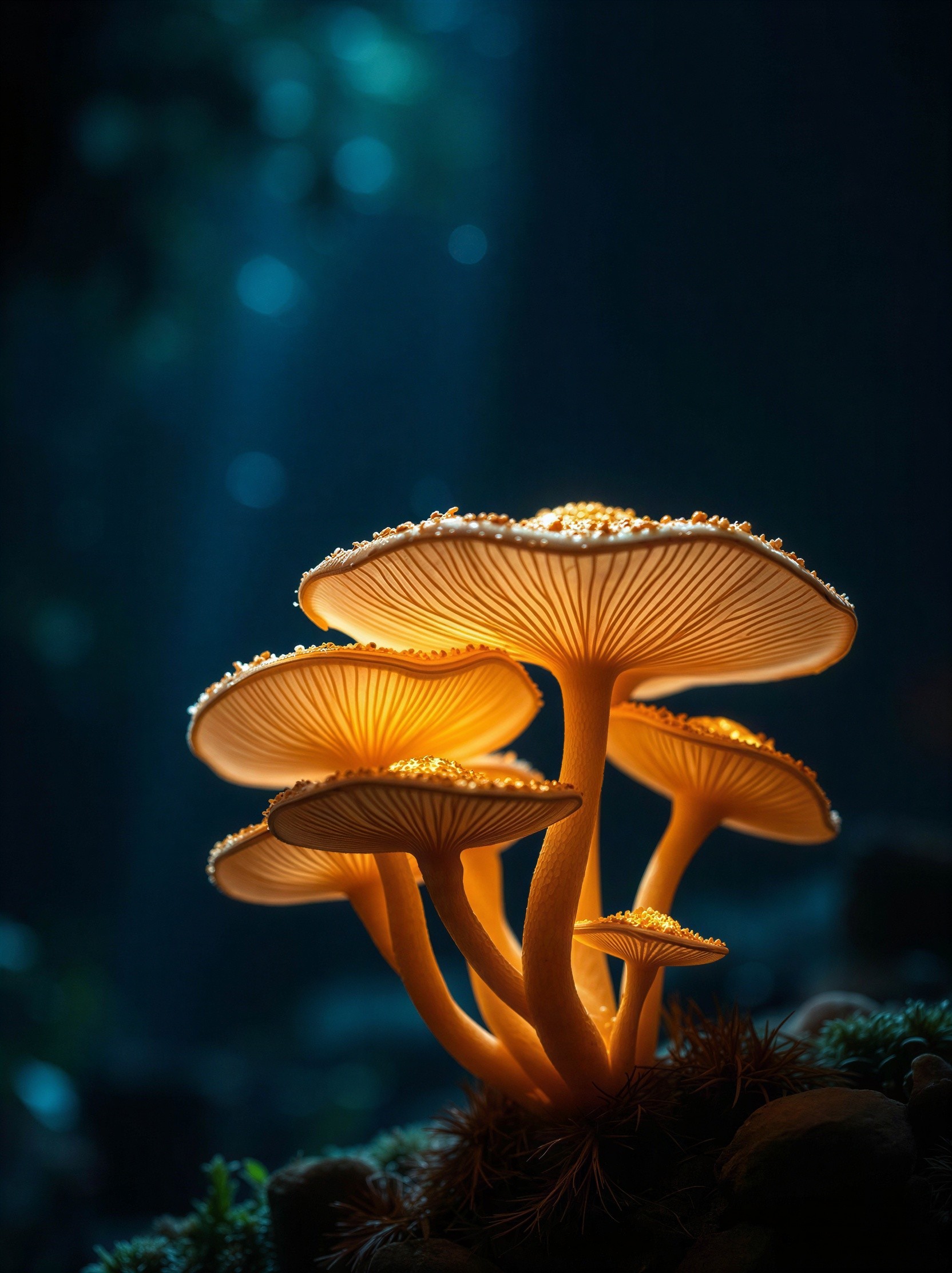 Close-up of Bioluminescent Mushrooms in Dark Setting