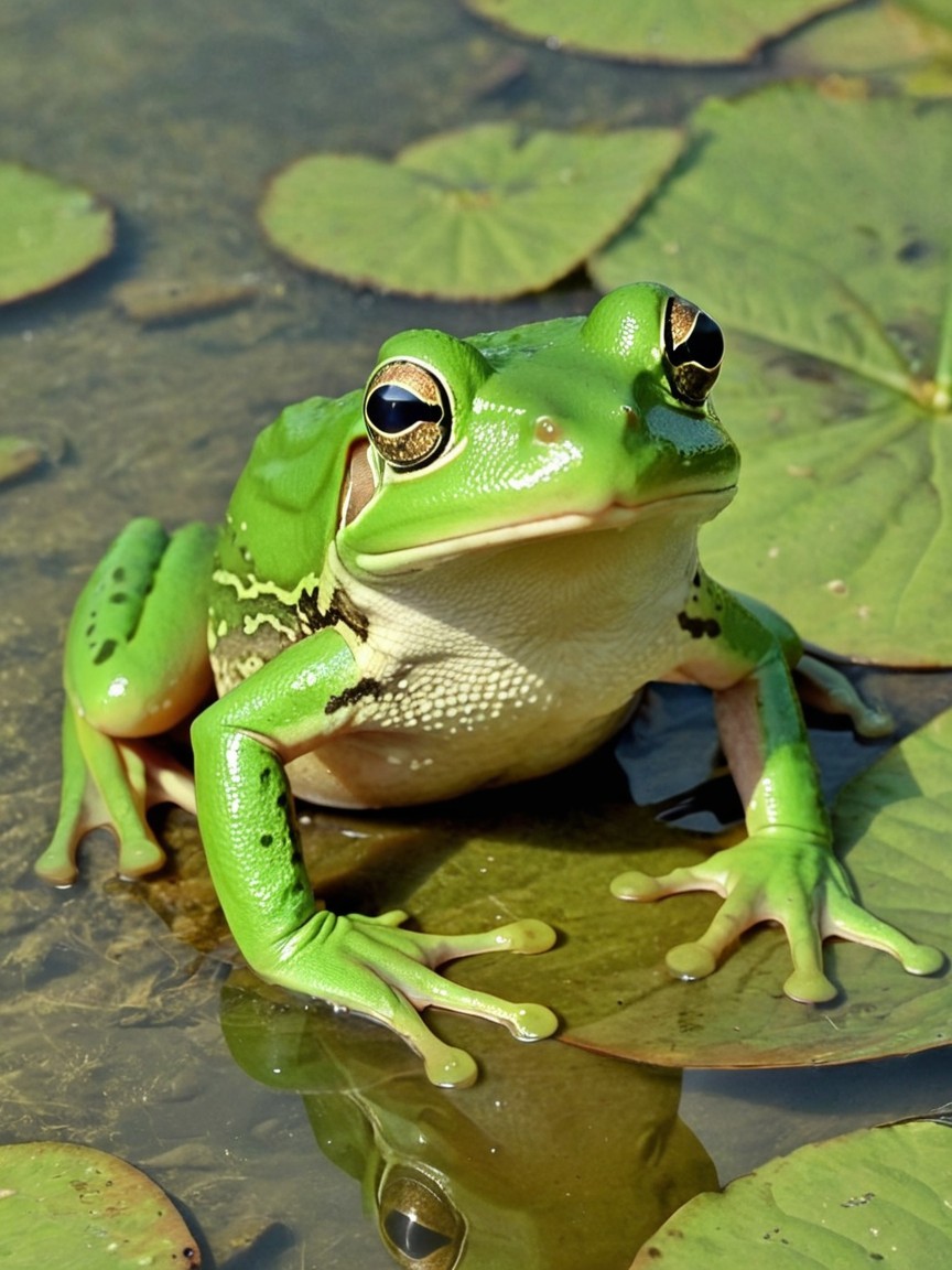 Vibrant Green Frog on Lily Pad in Calm Waters