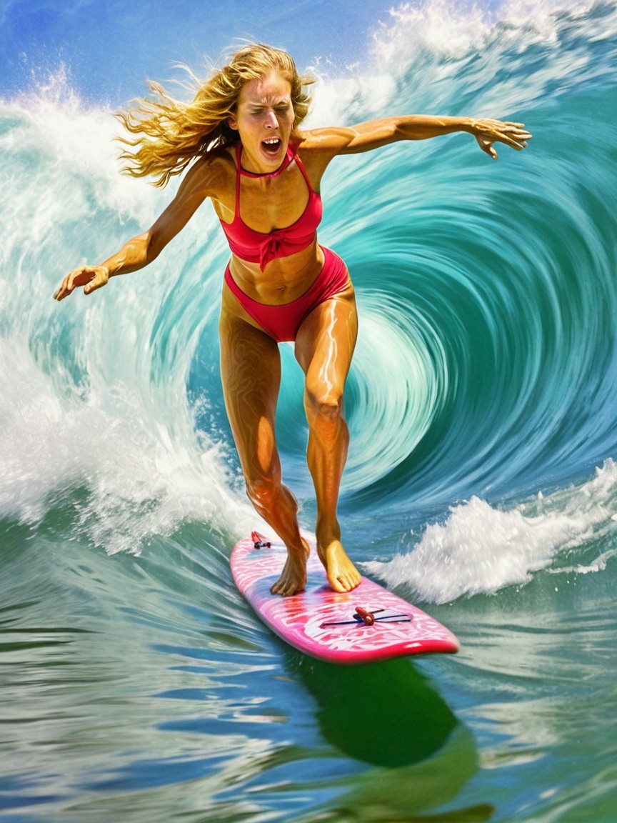 Female Surfer Riding a Vibrant Wave in Sunlit Ocean