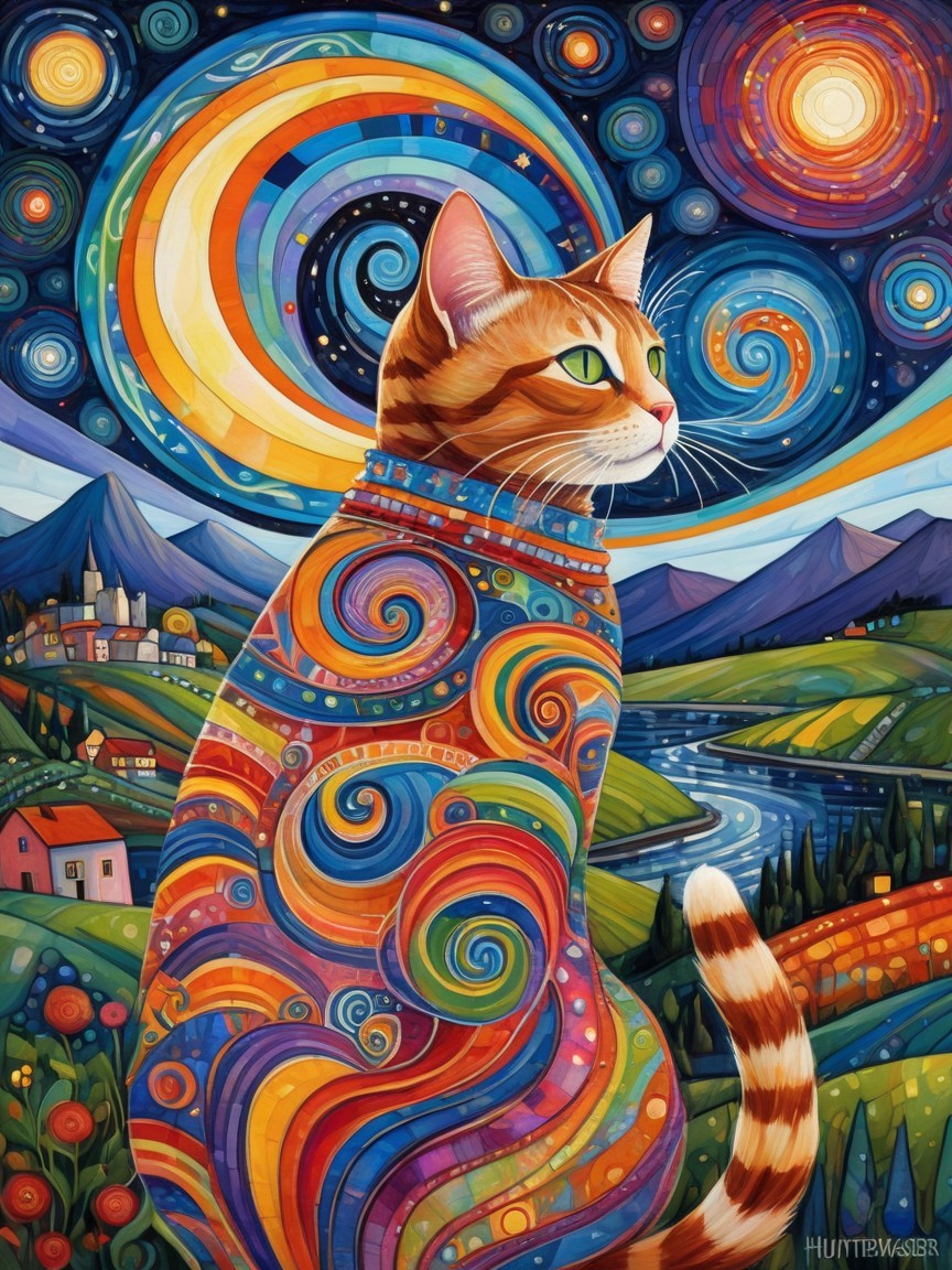 Vibrant Cat Painting with Psychedelic Patterns and Sky