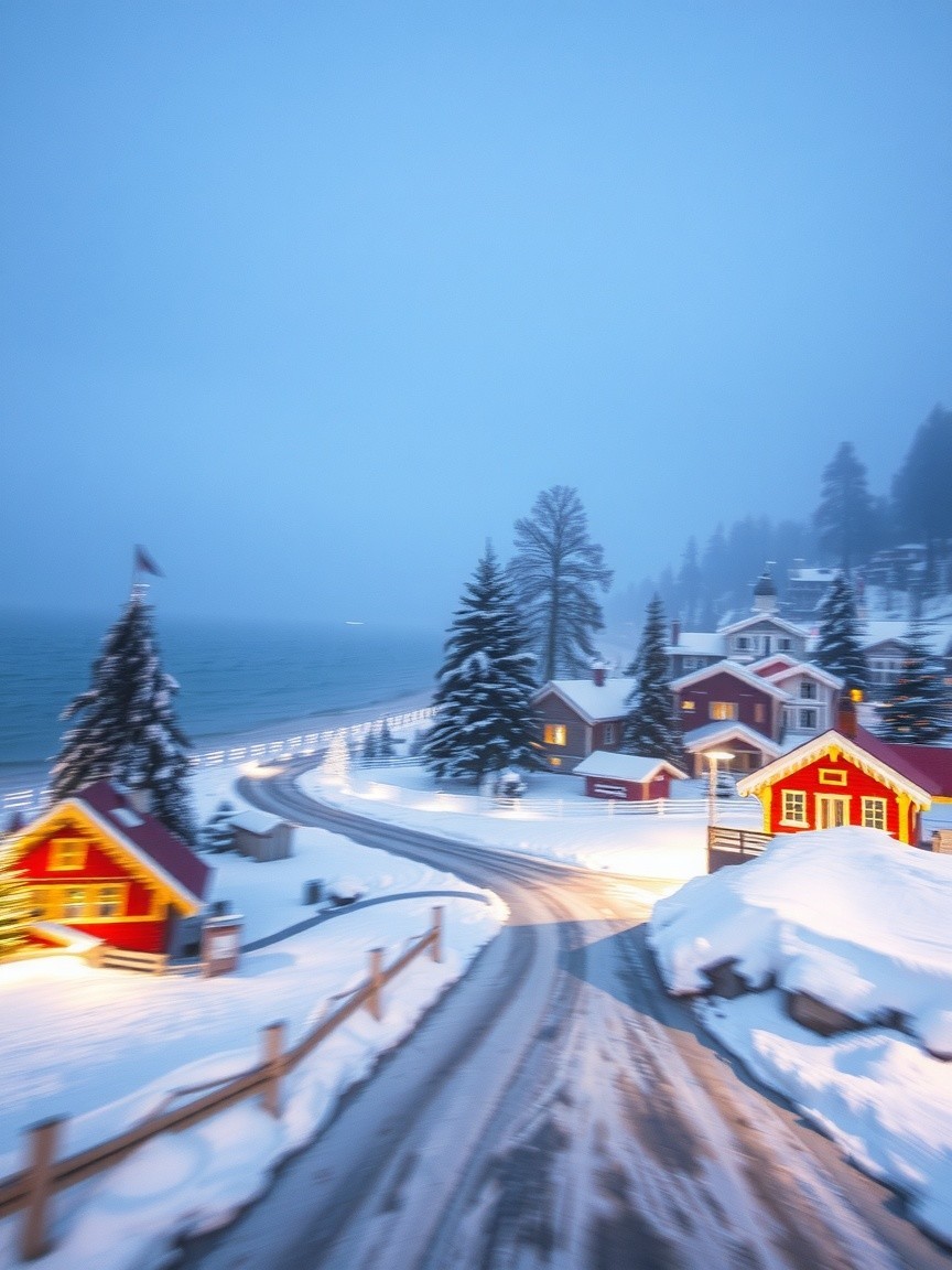 Winter Scene with Red Cottages and Snowy Landscape