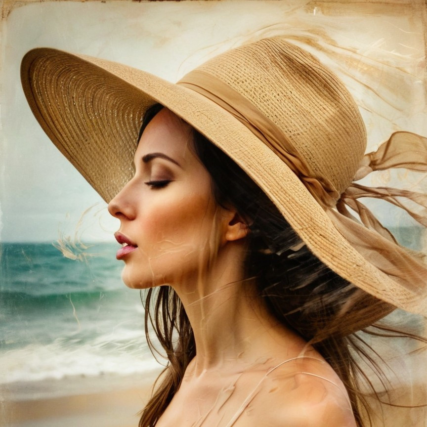 Woman with flowing hair in coastal setting with hat