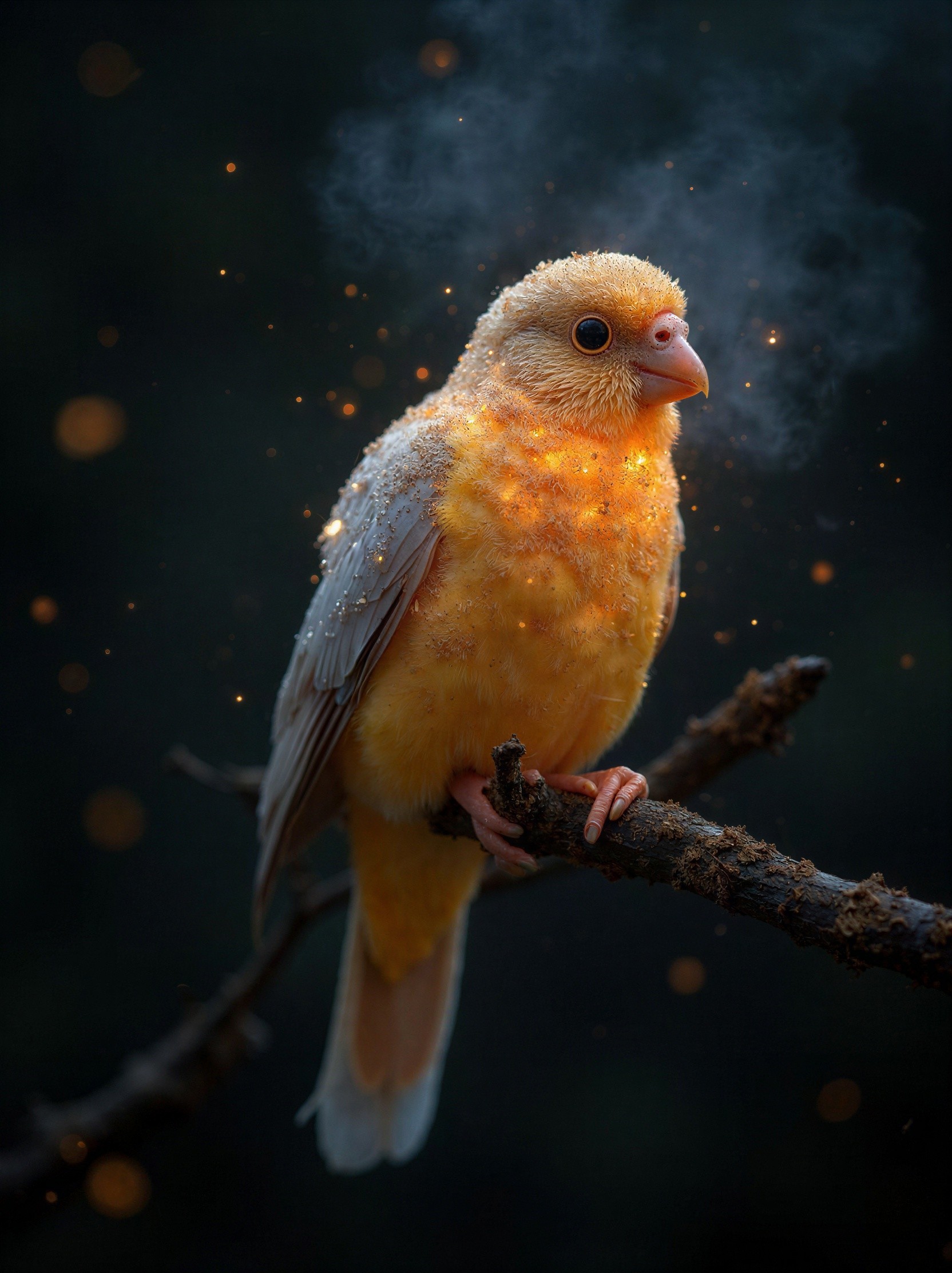 Close-up of a glowing yellow bird on a branch at night