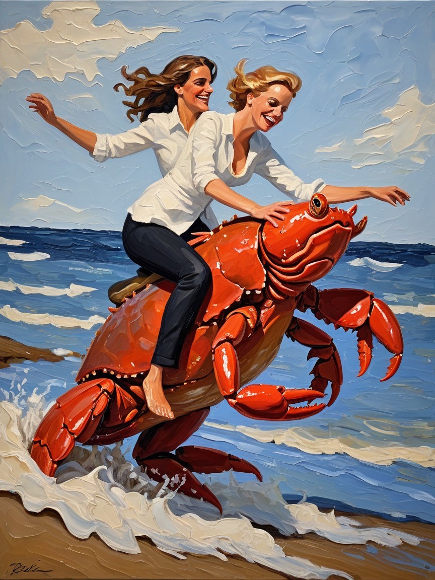 Women Riding a Large Red Crab on the Beach