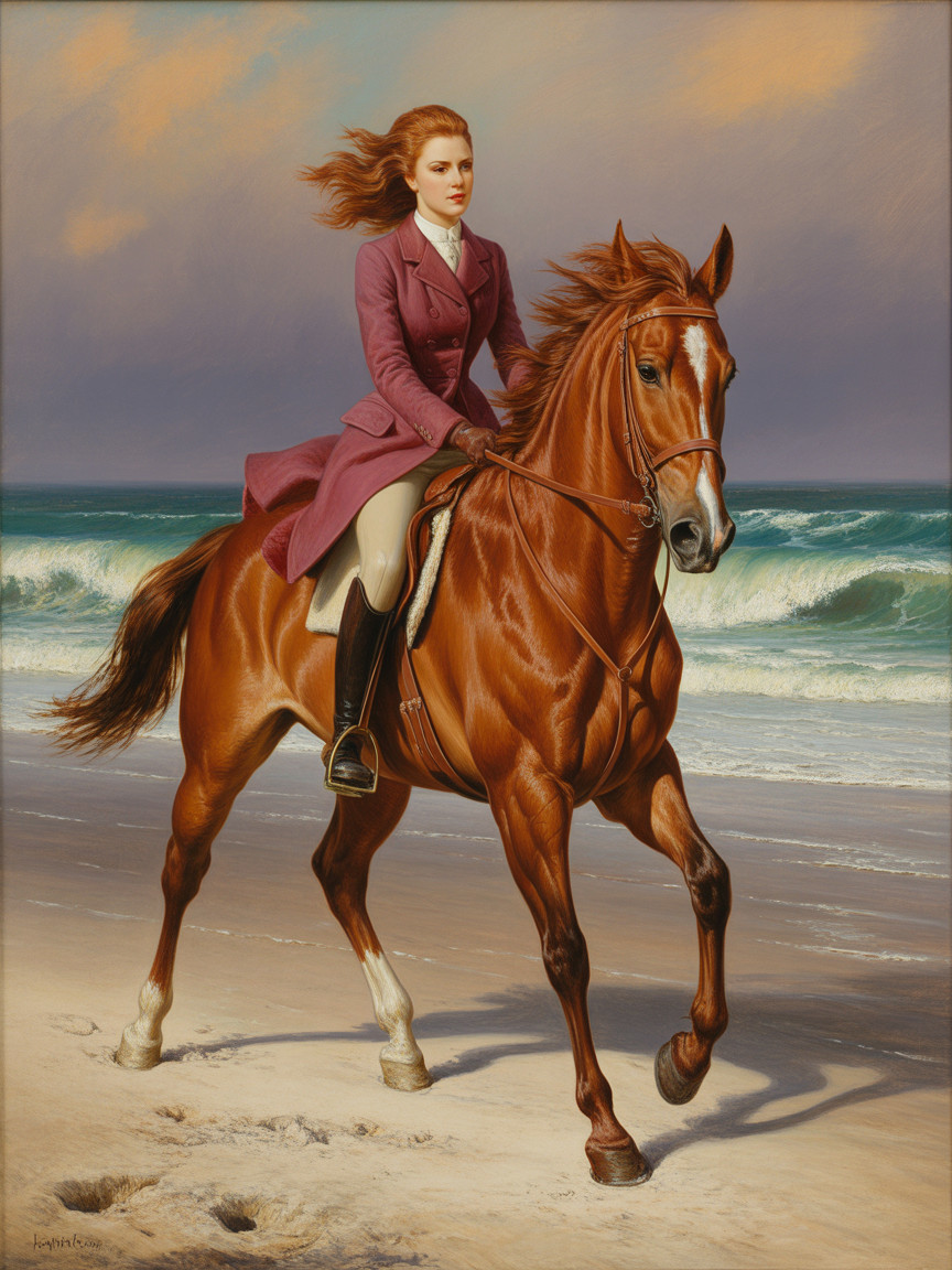 Young Woman in Purple Coat Rides Horse on Beach