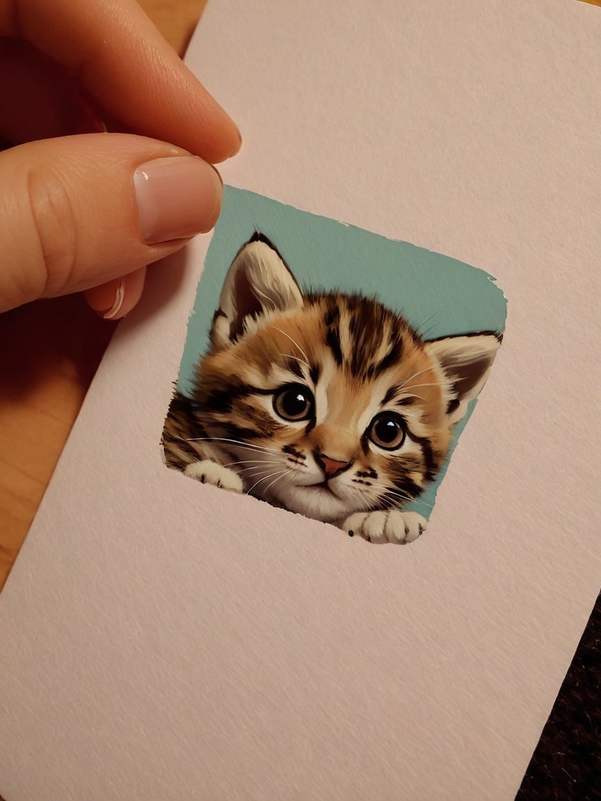 Close-Up of Hand with Pink Nails Holding Kitten Card
