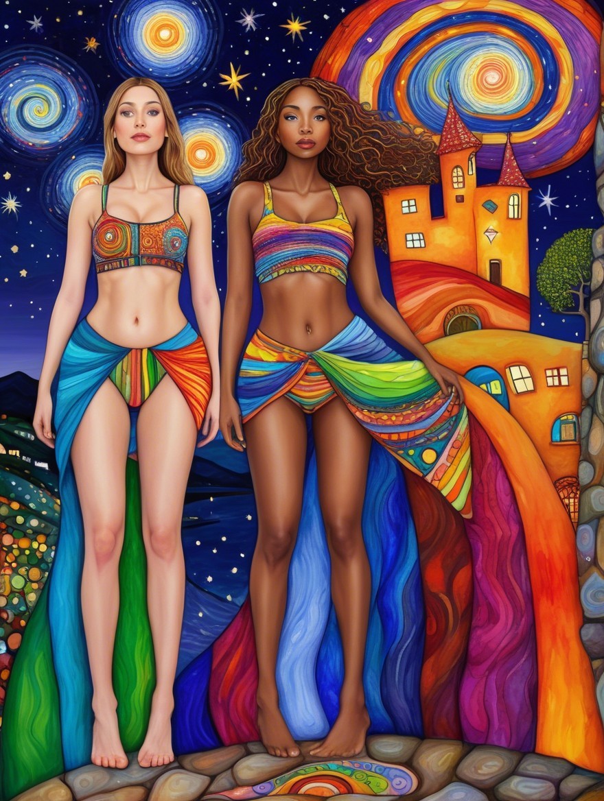 Two Women in Vibrant Fantastical Setting in Van Gogh Style