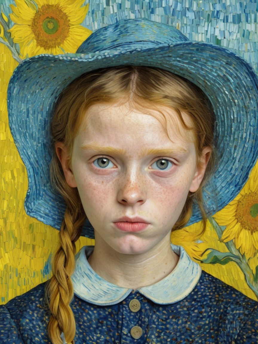 Portrait of a Girl with Blue Eyes and Sunflowers