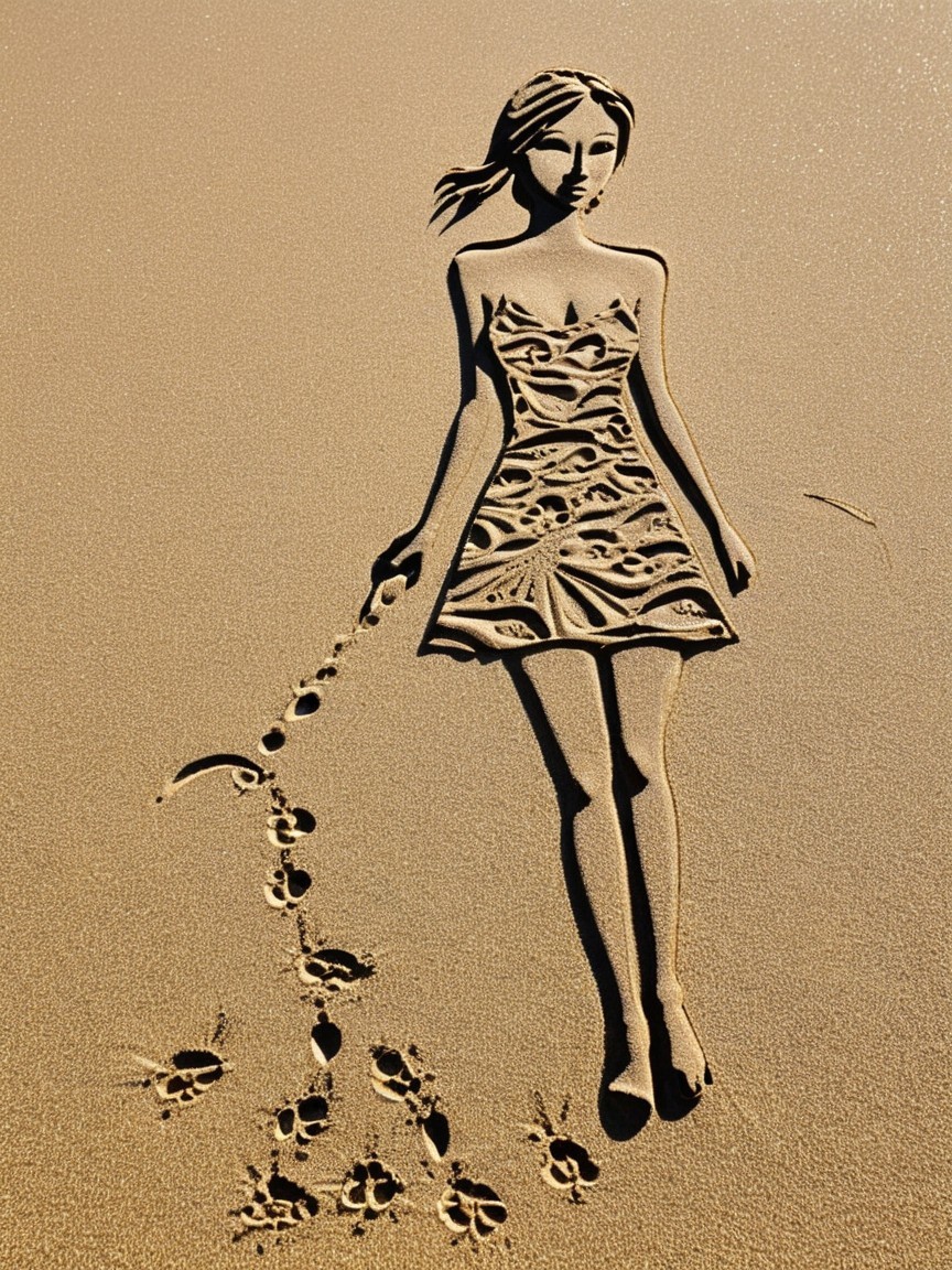 Textured Digital Painting of Woman and Dog on Beach