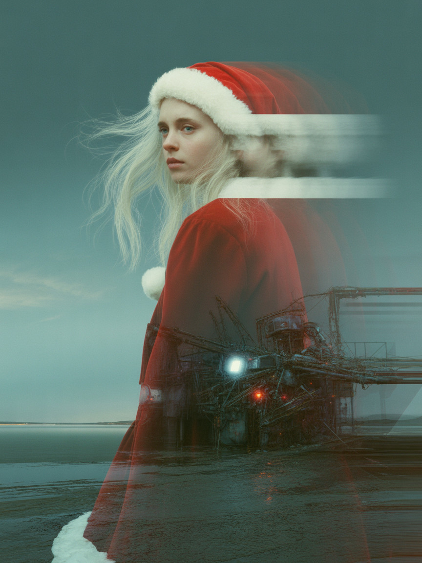 Young Woman in Santa Outfit Against Industrial Landscape