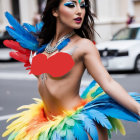 Vibrant Performer in Colorful Feathered Costume