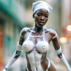 Young woman in futuristic bodysuit in colorful alleyway