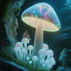 Young woman in white dress with glowing mushroom in forest